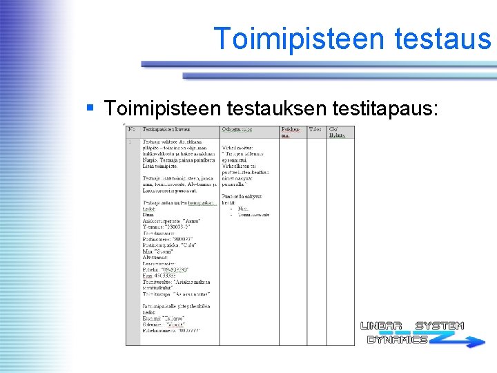 Toimipisteen testaus § Toimipisteen testauksen testitapaus: 