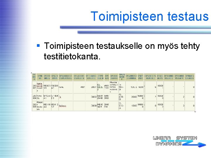 Toimipisteen testaus § Toimipisteen testaukselle on myös tehty testitietokanta. 