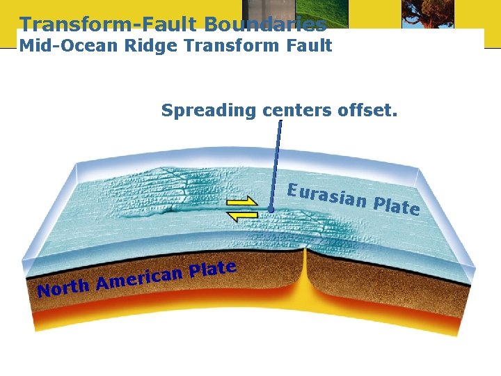 Transform-Fault Boundaries Mid-Ocean Ridge Transform Fault Spreading centers offset. Eurasi late P n a