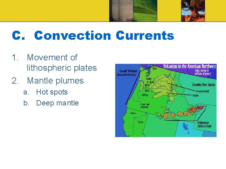 C. Convection Currents 1. Movement of lithospheric plates 2. Mantle plumes a. Hot spots