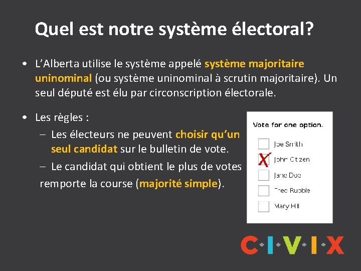 Quel est notre système électoral? • L’Alberta utilise le système appelé système majoritaire uninominal