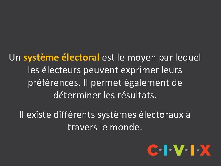 Un système électoral est le moyen par lequel les électeurs peuvent exprimer leurs préférences.