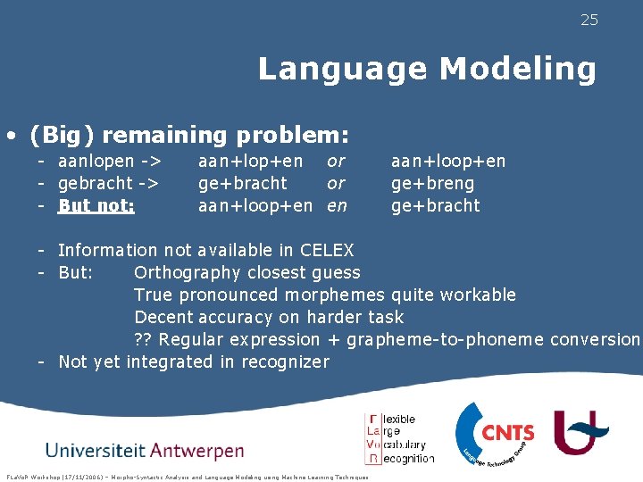 25 Language Modeling • (Big) remaining problem: - aanlopen -> - gebracht -> -