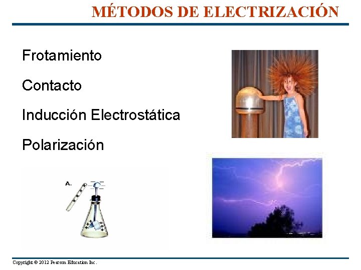 MÉTODOS DE ELECTRIZACIÓN Frotamiento Contacto Inducción Electrostática Polarización Copyright © 2012 Pearson Education Inc.