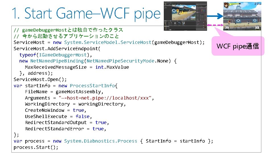 1. Start Game–WCF pipe // game. Debugger. Hostとは独自で作ったクラス // 今から起動させるアプリケーションのこと Service. Host = new