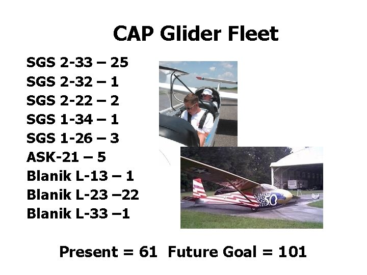 CAP Glider Fleet SGS 2 -33 – 25 SGS 2 -32 – 1 SGS