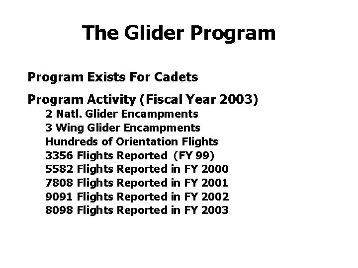 The Glider Program Exists For Cadets Program Activity (Fiscal Year 2003) 2 Natl. Glider