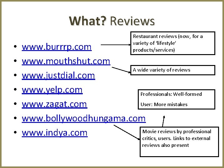 What? Reviews • • Restaurant reviews (now, for a variety of ‘lifestyle’ products/services) www.
