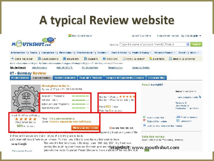 A typical Review website Snapshot: www. mouthshut. com 