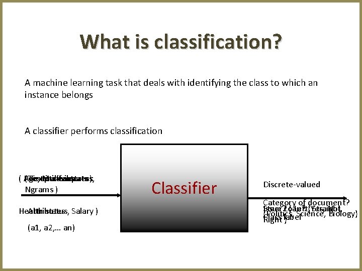 What is classification? A machine learning task that deals with identifying the class to