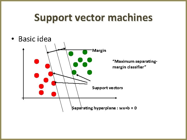 Support vector machines • Basic idea Margin “Maximum separatingmargin classifier” Support vectors Separating hyperplane
