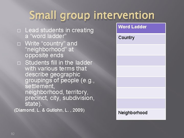 Small group intervention � � � Lead students in creating a “word ladder” Write