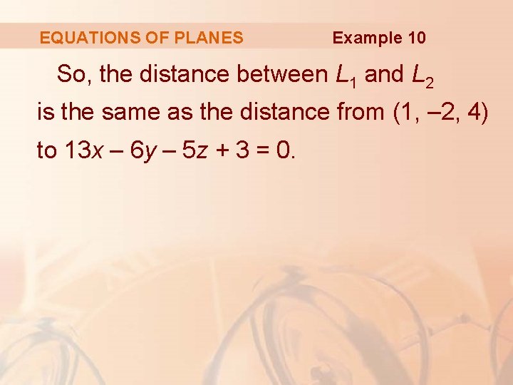 EQUATIONS OF PLANES Example 10 So, the distance between L 1 and L 2