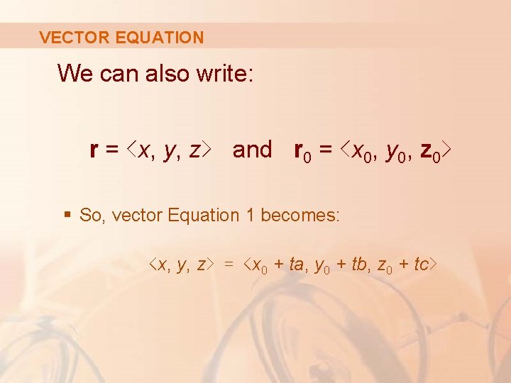 VECTOR EQUATION We can also write: r = <x, y, z> and r 0