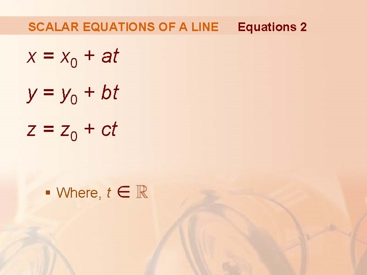 SCALAR EQUATIONS OF A LINE x = x 0 + at y = y