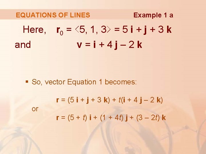 EQUATIONS OF LINES Example 1 a Here, r 0 = <5, 1, 3> =
