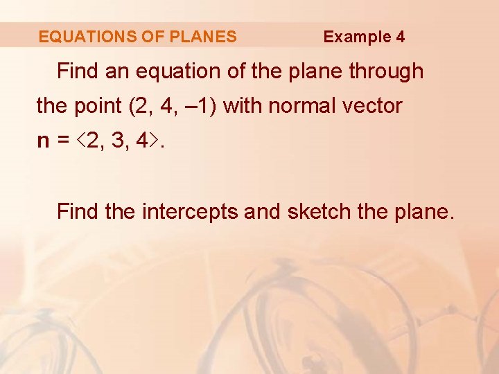 EQUATIONS OF PLANES Example 4 Find an equation of the plane through the point