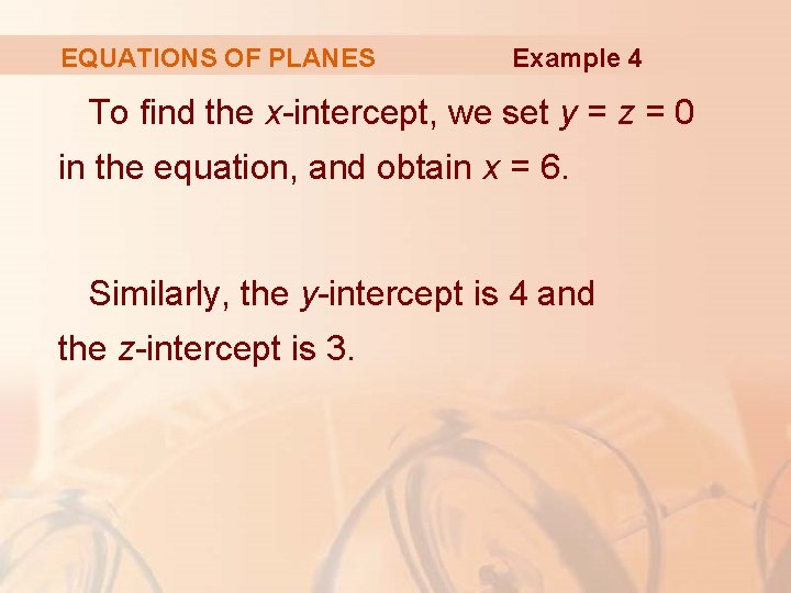 EQUATIONS OF PLANES Example 4 To find the x-intercept, we set y = z
