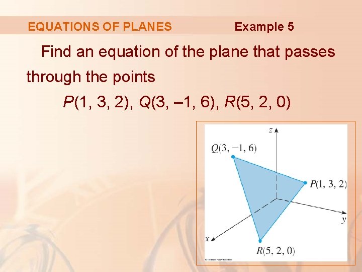 EQUATIONS OF PLANES Example 5 Find an equation of the plane that passes through