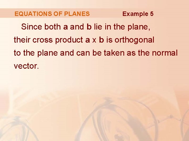EQUATIONS OF PLANES Example 5 Since both a and b lie in the plane,