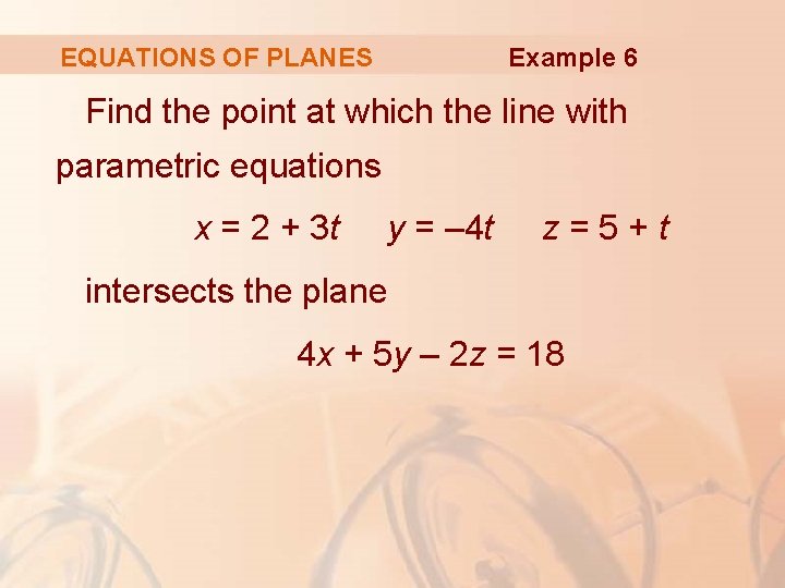 Example 6 EQUATIONS OF PLANES Find the point at which the line with parametric