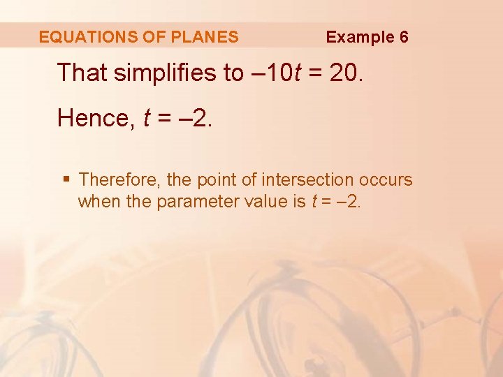 EQUATIONS OF PLANES Example 6 That simplifies to – 10 t = 20. Hence,