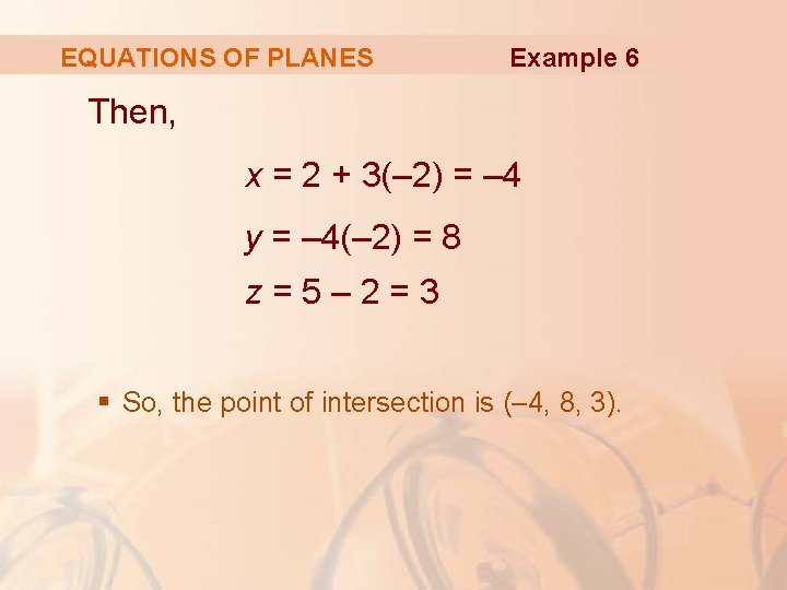 EQUATIONS OF PLANES Example 6 Then, x = 2 + 3(– 2) = –