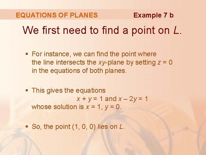 EQUATIONS OF PLANES Example 7 b We first need to find a point on