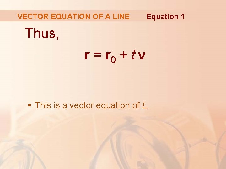 VECTOR EQUATION OF A LINE Equation 1 Thus, r = r 0 + t