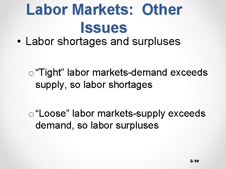 Labor Markets: Other Issues • Labor shortages and surpluses o “Tight” labor markets-demand exceeds