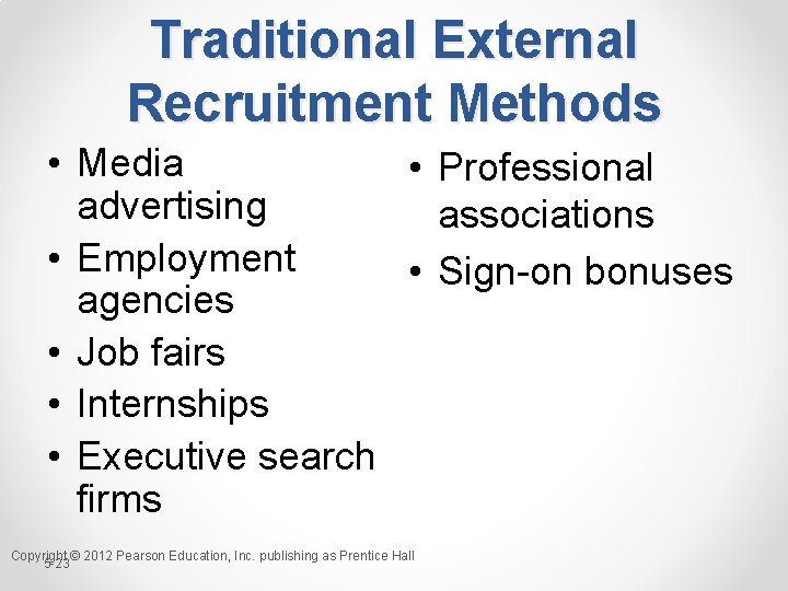 Traditional External Recruitment Methods • Media • Professional advertising associations • Employment • Sign-on