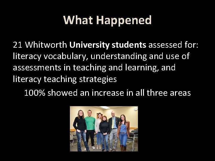 What Happened 21 Whitworth University students assessed for: literacy vocabulary, understanding and use of