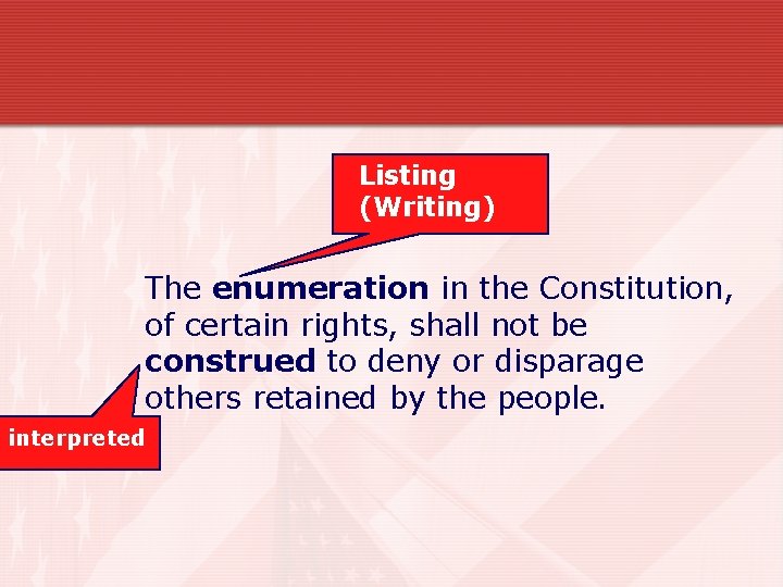 Listing (Writing) The enumeration in the Constitution, of certain rights, shall not be construed
