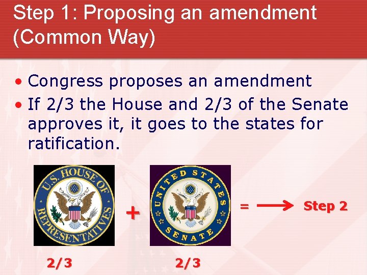 Step 1: Proposing an amendment (Common Way) • Congress proposes an amendment • If
