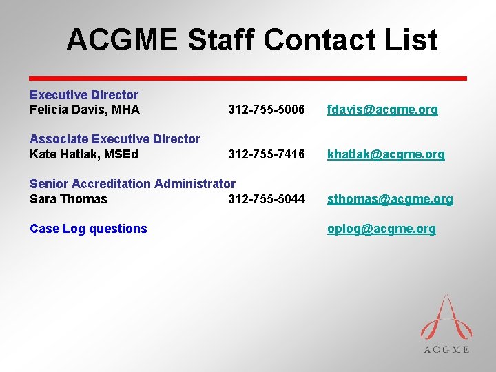 ACGME Staff Contact List Executive Director Felicia Davis, MHA 312 -755 -5006 fdavis@acgme. org