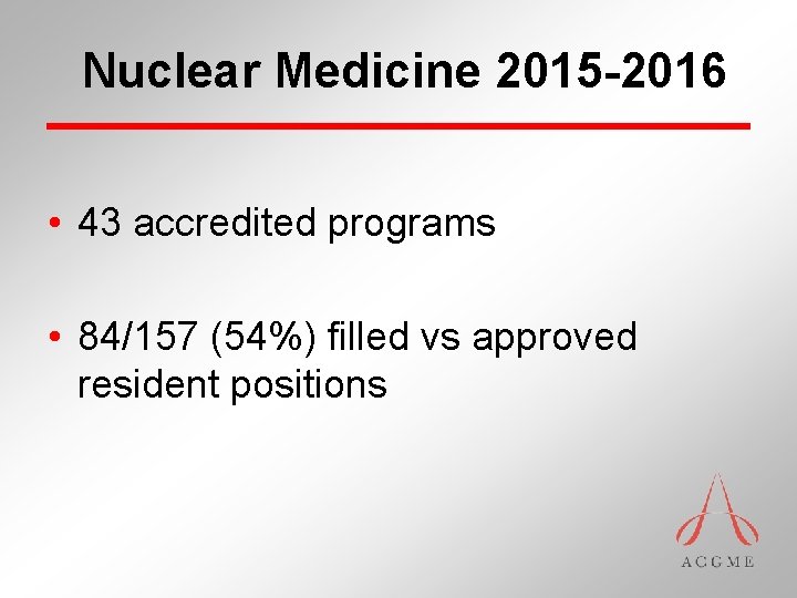 Nuclear Medicine 2015 -2016 • 43 accredited programs • 84/157 (54%) filled vs approved