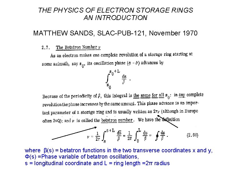 THE PHYSICS OF ELECTRON STORAGE RINGS AN INTRODUCTION MATTHEW SANDS, SLAC-PUB-121, November 1970 where