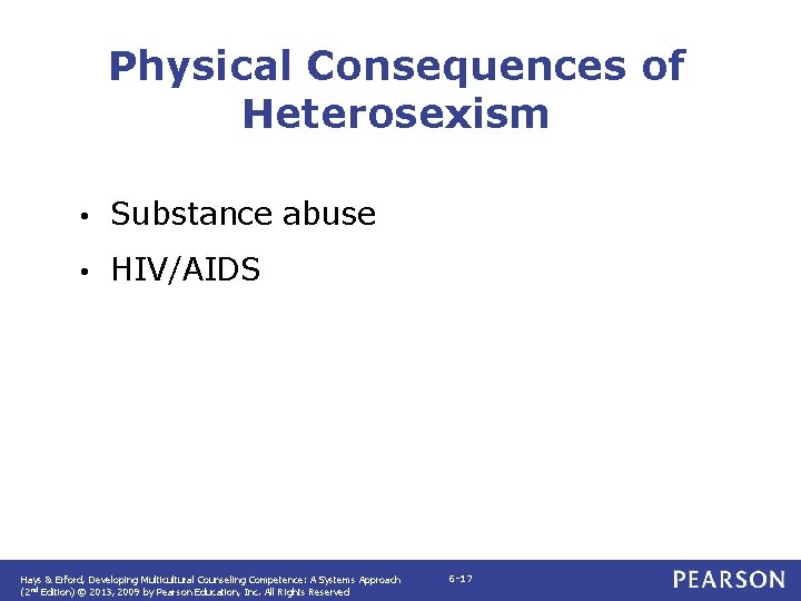 Physical Consequences of Heterosexism • Substance abuse • HIV/AIDS Hays & Erford, Developing Multicultural