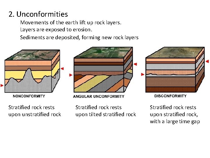 2. Unconformities Movements of the earth lift up rock layers. Layers are exposed to