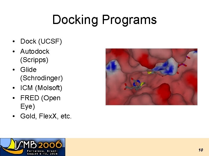 Docking Programs • Dock (UCSF) • Autodock (Scripps) • Glide (Schrodinger) • ICM (Molsoft) Docking Programs • Dock (UCSF) • Autodock (Scripps) • Glide (Schrodinger) • ICM (Molsoft)