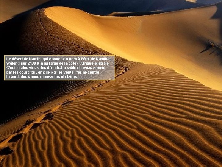 Le désert de Namib, qui donne son nom à l’état de Namibie, S’étend sur