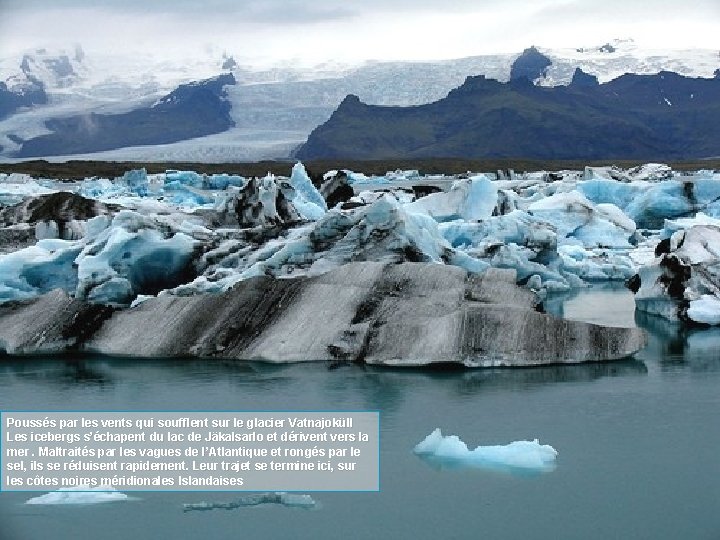 Poussés par les vents qui soufflent sur le glacier Vatnajoküll Les icebergs s’échapent du