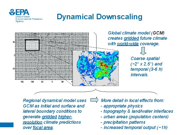 Dynamical Downscaling Global climate model (GCM) creates gridded future climate with world-wide coverage. Coarse