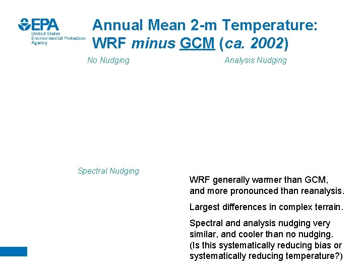 Annual Mean 2 -m Temperature: WRF minus GCM (ca. 2002) No Nudging Spectral Nudging