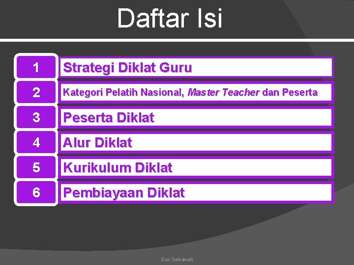Daftar Isi 1 Strategi Diklat Guru 2 Kategori Pelatih Nasional, Master Teacher dan Peserta