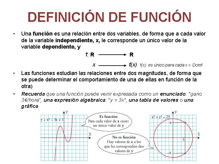 DEFINICIÓN DE FUNCIÓN • Una función es una relación entre dos variables, de forma