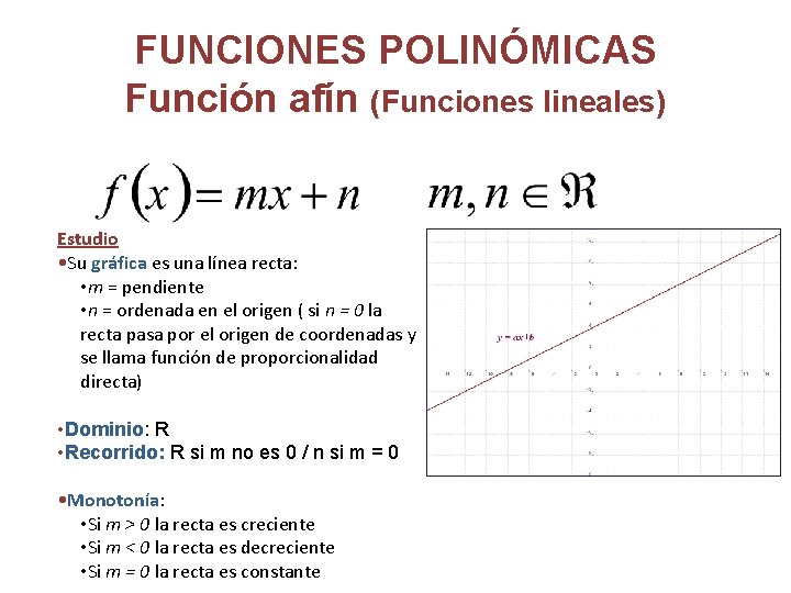 FUNCIONES POLINÓMICAS Función afín (Funciones lineales) Estudio • Su gráfica es una línea recta: