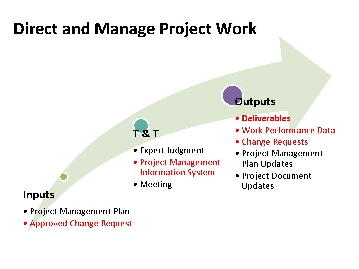 Direct and Manage Project Work Outputs T&T Inputs • Project Management Plan • Approved