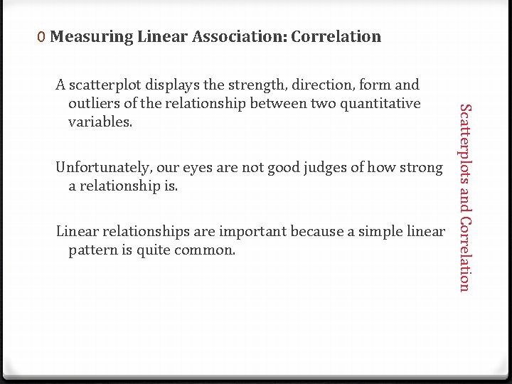 0 Measuring Linear Association: Correlation Unfortunately, our eyes are not good judges of how