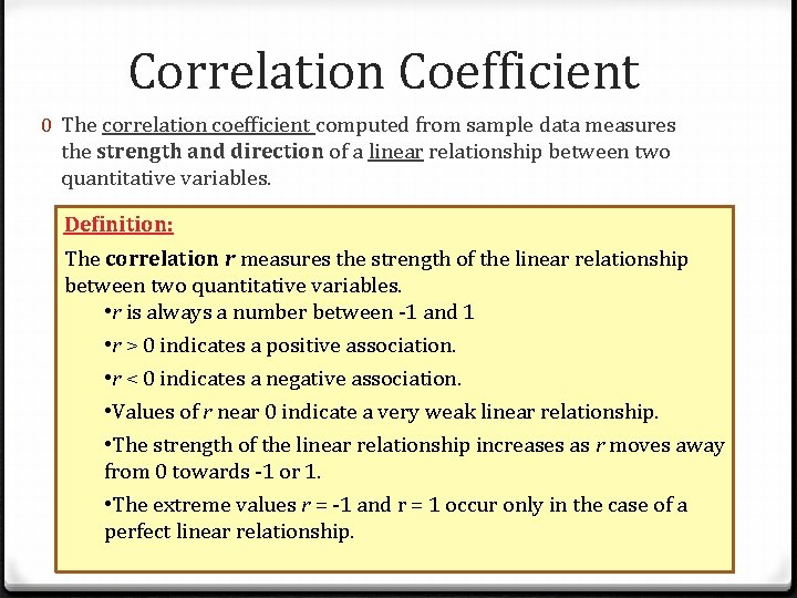 Correlation Coefficient 0 The correlation coefficient computed from sample data measures the strength and